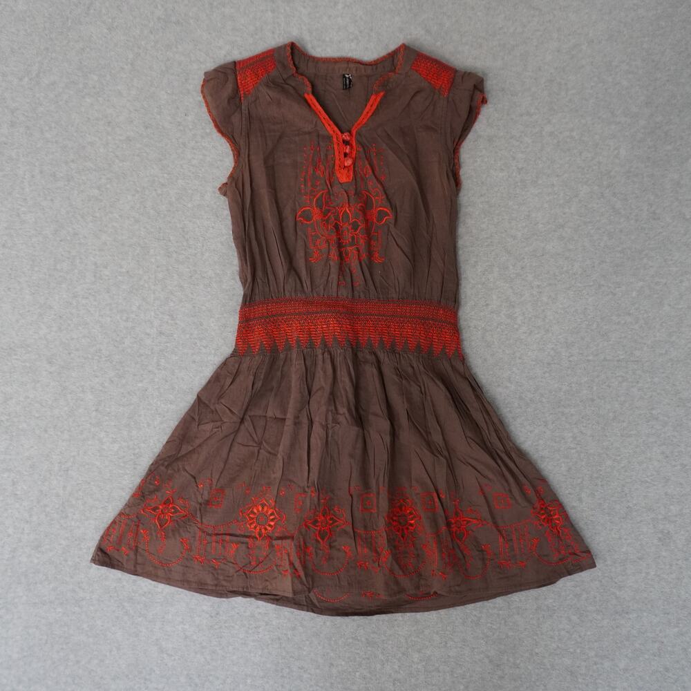 Free People Bohemian Brown And Coral Embroidered Mini Dress